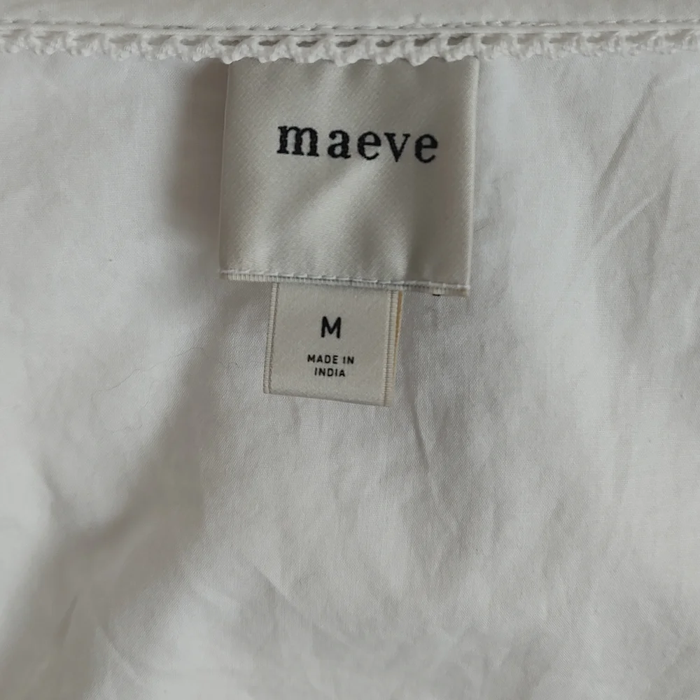 Maeve White Ruffled V-Neck Drawstring Blouse